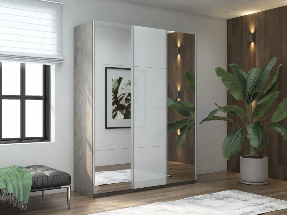 Шкафы-купе 3-х дверные, Шкаф-купе Прайм 3-х дверный Зеркала/Стекло белое/Доводчики 180х57х230