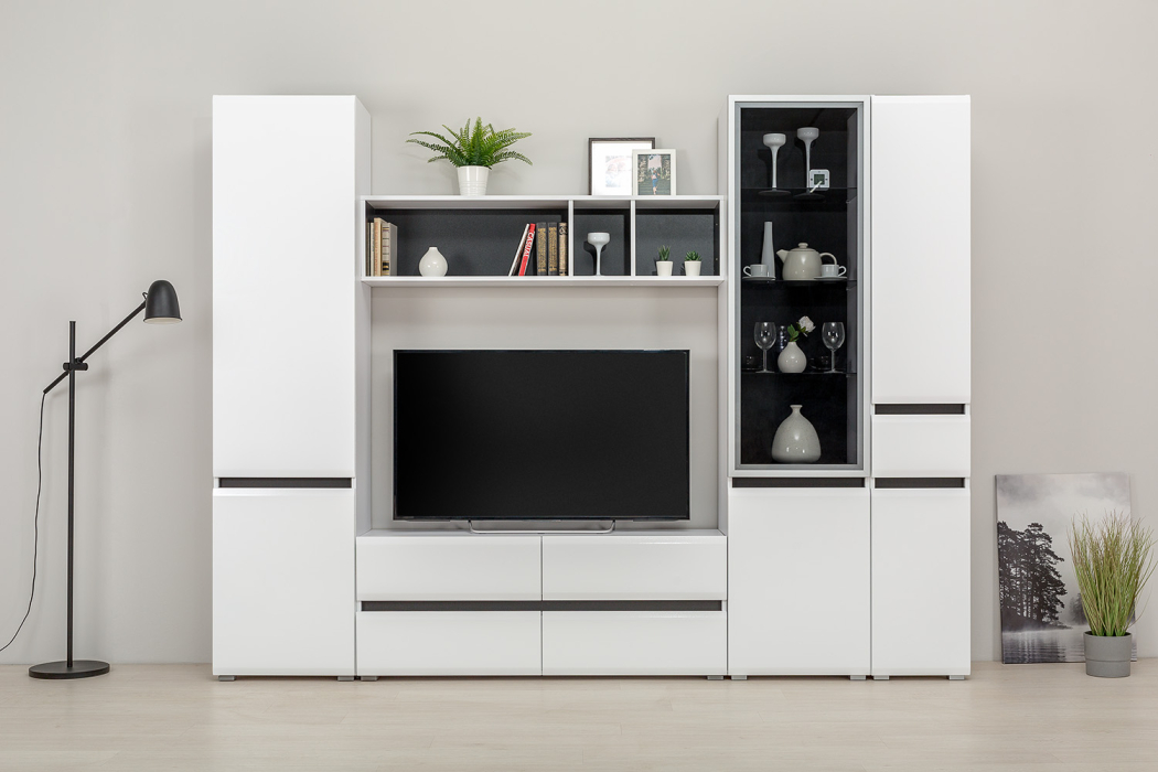 Шкафы распашные, Шкаф с ящиком Сидней 13.202, белый премиум, черный, белый глянец