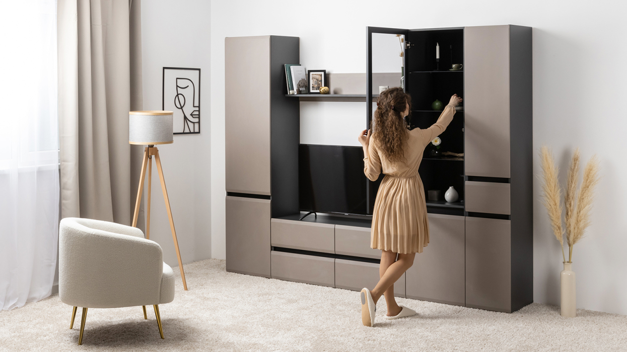 Витрины, Шкаф-витрина Сидней 13.201, антрацит, веллюто капучино