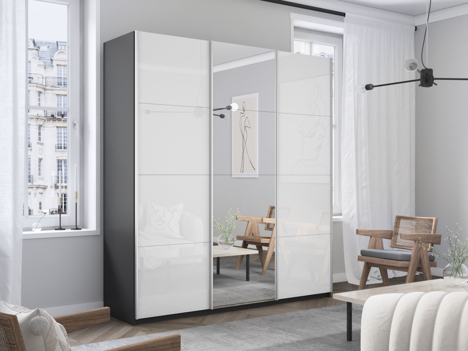 Шкафы-купе 3-х дверные, Шкаф-купе Прайм 3-х дверный Стекла белые/Зеркало/Доводчики 180х57х230
