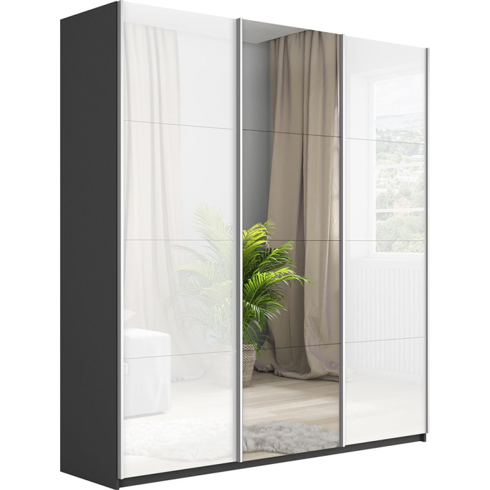 Шкафы-купе 3-х дверные, Шкаф-купе Прайм 3-х дверный Стекла белые/Зеркало/Доводчики 180х57х230